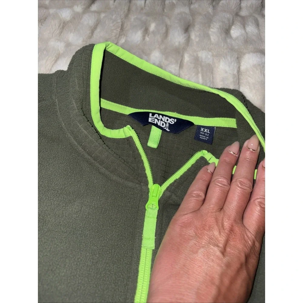 Lands End Full Zip Fleece Jacket Mens 2XL Green Lightweight Hiking Camping